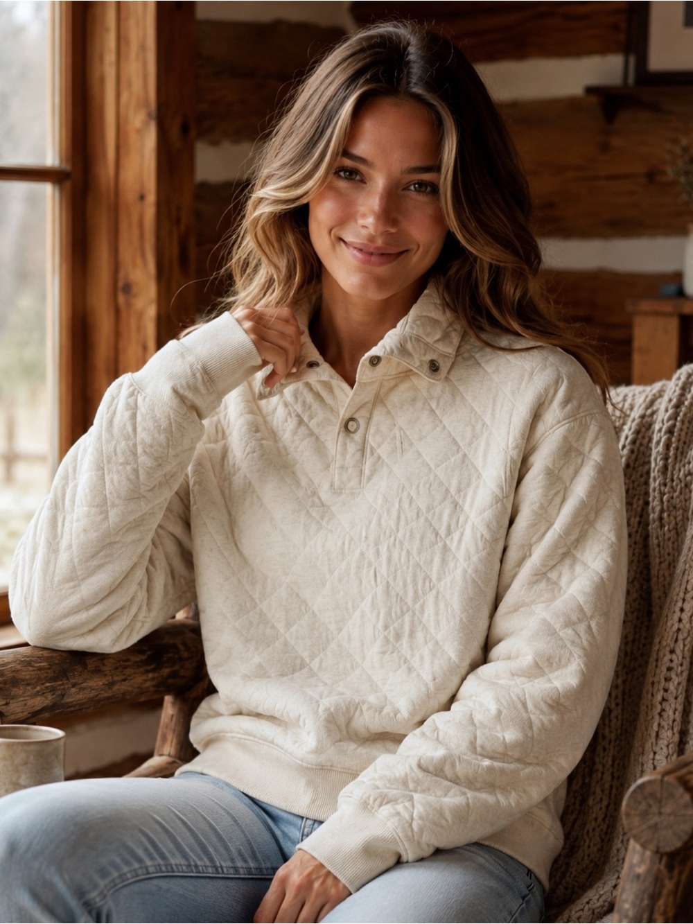 Cream Quilted Snap Neck Pullover Sweater |Medium | Coastal Grandma Cabin Cozy